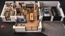 Maison moderne en coupe, toit terracotta révélant l’intérieur