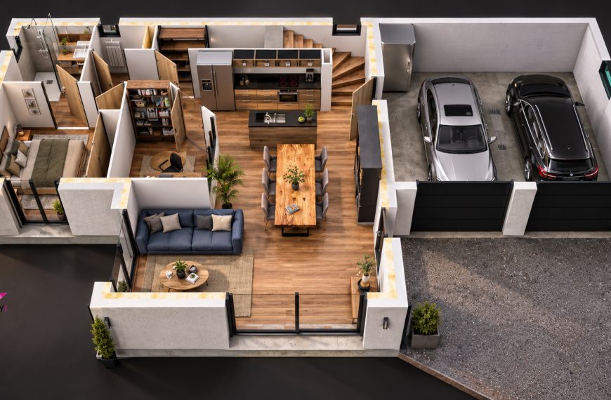Maison moderne en coupe, toit terracotta révélant l’intérieur