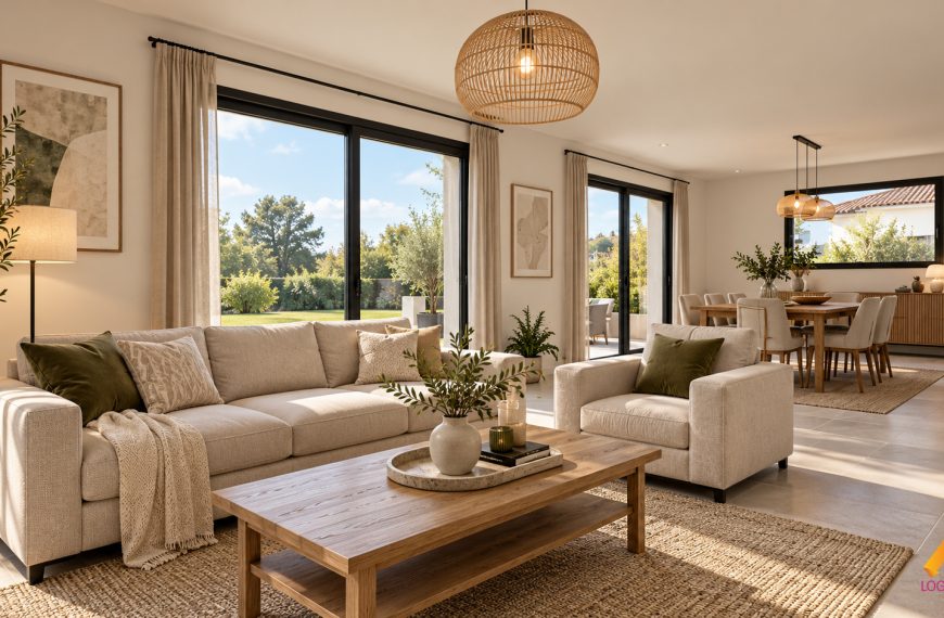 Intérieur ouvert lumineux sur jardin