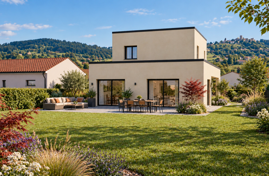 Maison contemporaine et jardin bucolique ensoleillé